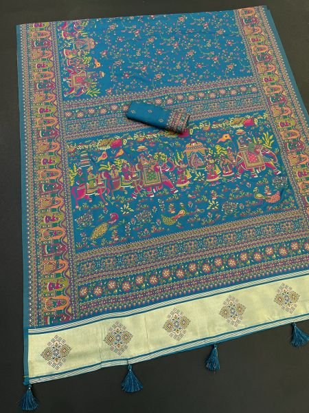 Sky Floral Printed Woven Zari Pashmina Saree Sale