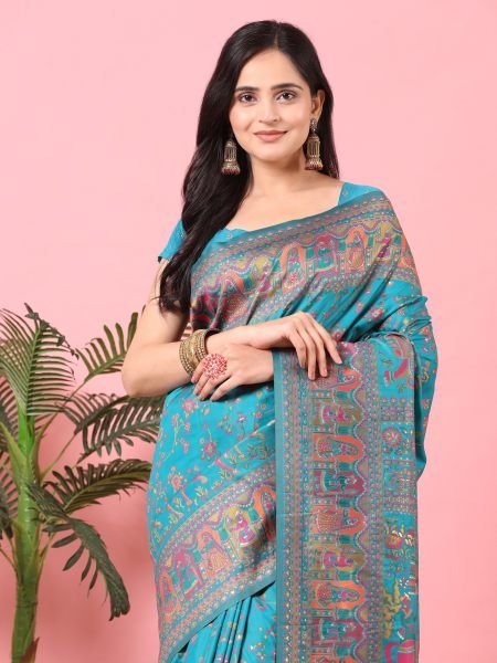 Sky Floral Printed Woven Zari Pashmina Saree Sale