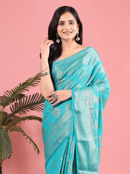 Sky Banarasi Georgette jacquard Saree With Embroidery Blouse Sale