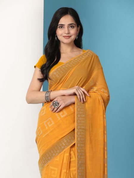 Gold Georgette Swarovski Diamond Work Saree Sale