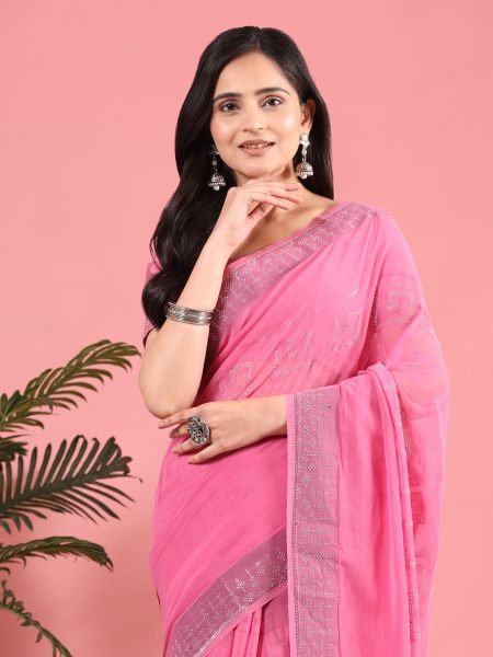 Pink Georgette Swarovski Diamond Work Saree Saree