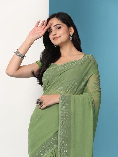 Pista Georgette Swarovski Diamond Work Saree Sale
