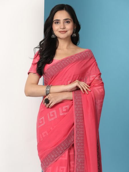 Red Georgette Swarovski Diamond Work Saree Sale