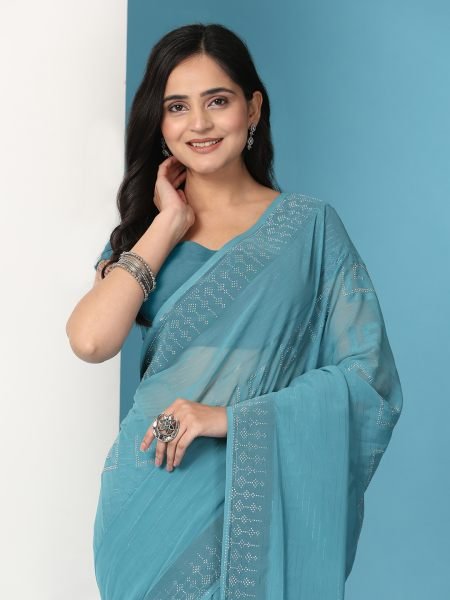 Sky Georgette Swarovski Diamond Work Saree Sale