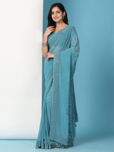 Sky Georgette Swarovski Diamond Work Saree Designer Sarees