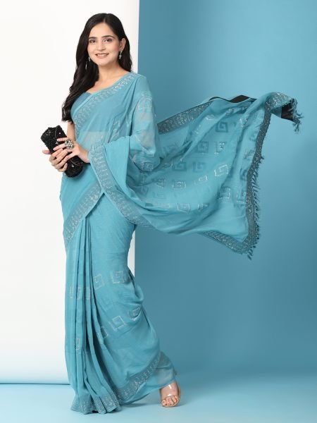 Sky Georgette Swarovski Diamond Work Saree Designer Sarees