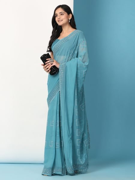 Sky Georgette Swarovski Diamond Work Saree Designer Sarees