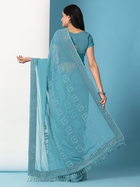 Sky Georgette Swarovski Diamond Work Saree Designer Sarees