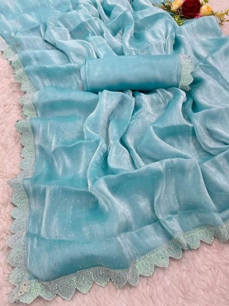 Sky Organza Beads and Val Border Party Wear Saree Sale