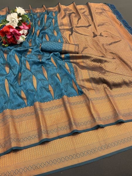 Sky Pure Silk Banarasi Saree with Gold Zari Jacquard Weaving Sale