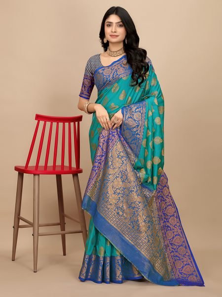 Sky Pure Silk Fabric Jacquard Copper Zari Authentic Kanjivaram Elegance Pattu Sarees