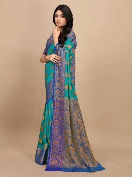 Sky Pure Silk Fabric Jacquard Copper Zari Authentic Kanjivaram Elegance Banarasi Sarees