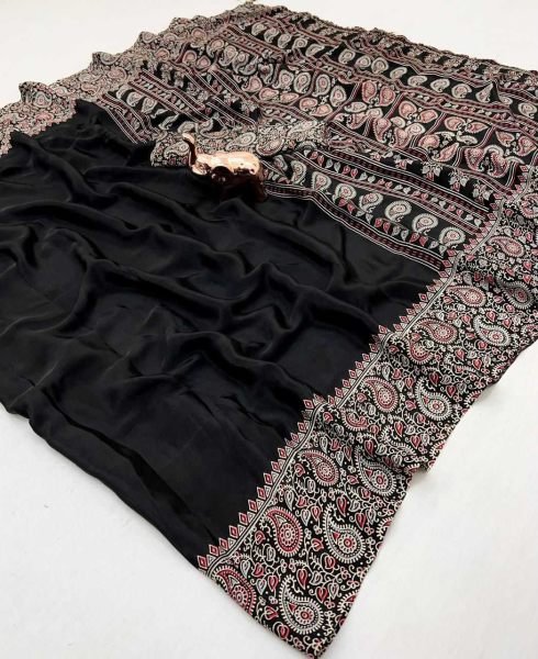 Soft Modal Silk Natural Ajrakh Printed Saree with Unstitched Blouse Daily Deals