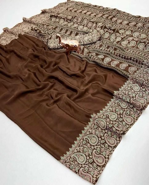 Soft Modal Silk Natural Ajrakh Printed Saree with Unstitched Blouse Printed Sarees