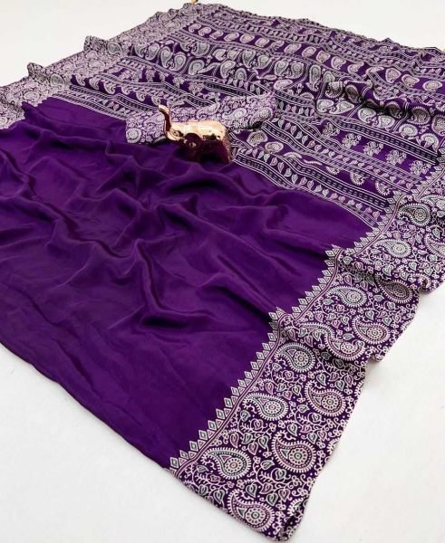Soft Modal Silk Natural Ajrakh Printed Saree with Unstitched Blouse Daily Deals