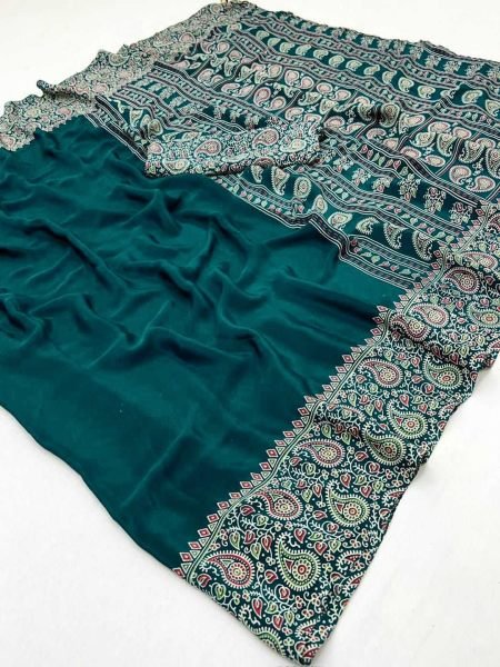 Soft Modal Silk Natural Ajrakh Printed Saree with Unstitched Blouse Daily Deals