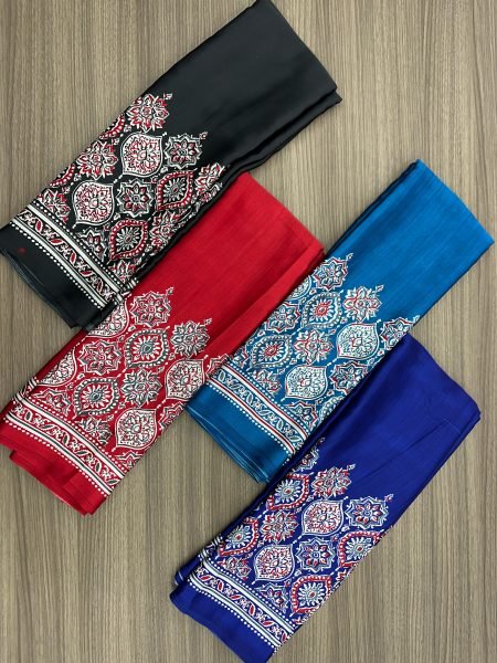 Soft Modal Silk Natural Ajrakh Printed Saree with Unstitched Blouse Printed Sarees