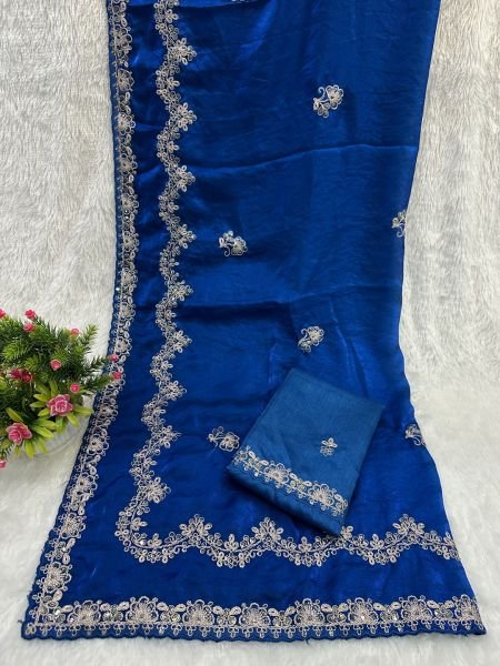 Traditional Embroidered Satin Silk Saree with Unstitched Blouse Piece  Silk Sarees
