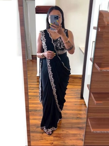 Trending Black Embroidery cording work ready to wear Saree Saree