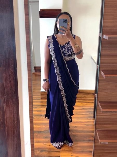 Trending Purple Embroidery cording work ready to wear Saree Ready To Wear Sarees