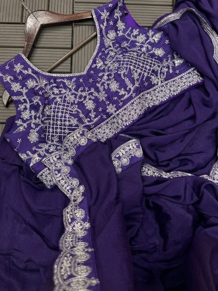 Trending Purple Embroidery cording work ready to wear Saree Designer Sarees