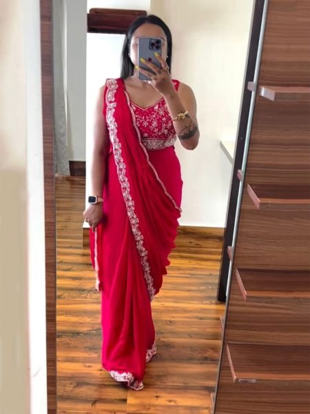 Trending Rani Pink Embroidery cording work ready to wear Saree Ready To Wear Sarees
