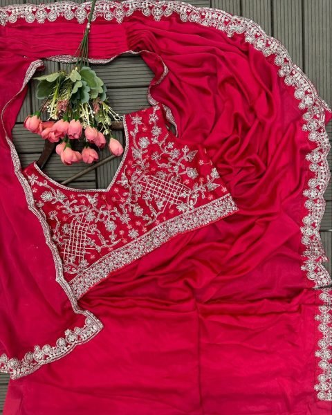Trending Rani Pink Embroidery cording work ready to wear Saree Designer Sarees