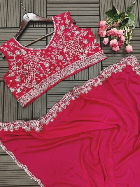Trending Rani Pink Embroidery cording work ready to wear Saree Designer Sarees
