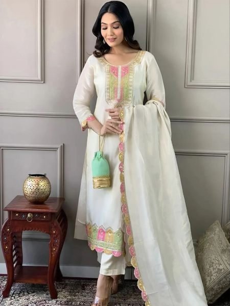 Trending Women Silk Embroidery Sequence White Kurta Set Kurta Sets