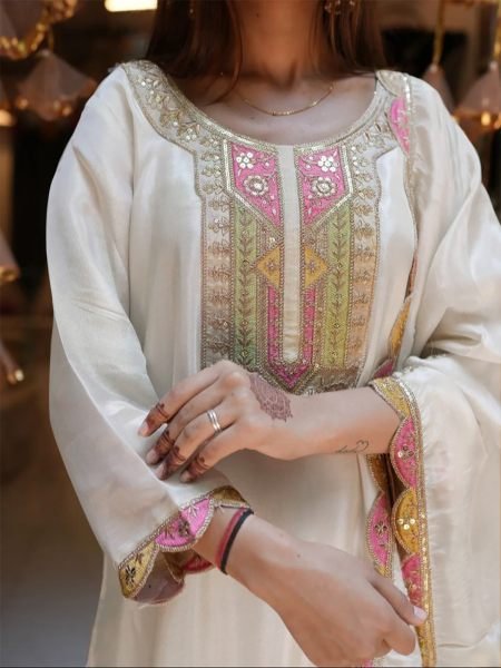 Trending Women Silk Embroidery Sequence White Kurta Set Kurta Sets