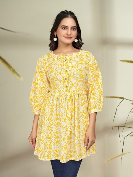 Trendy Floral Print Cotton Flare Orange Tunic Kurtis & Tunics