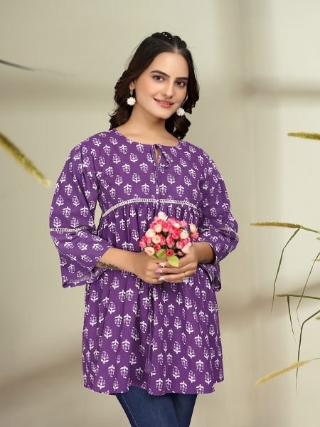 Trendy Floral Print Cotton Flare Purple Tunic Kurtis & Tunics