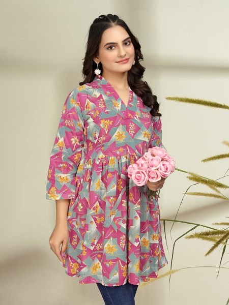 Trendy Floral Print Cotton Flare Rani Pink Tunic Kurtis & Tunics