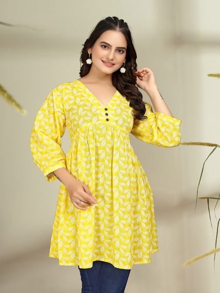 Trendy Floral Print Cotton Flare Yellow Tunic Kurtis & Tunics