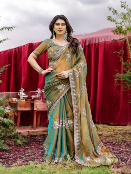 Two Tone Tussar Silk Saree in Gold   Rama Green with Thread Embroidered Leaf Motifs Designer Sarees