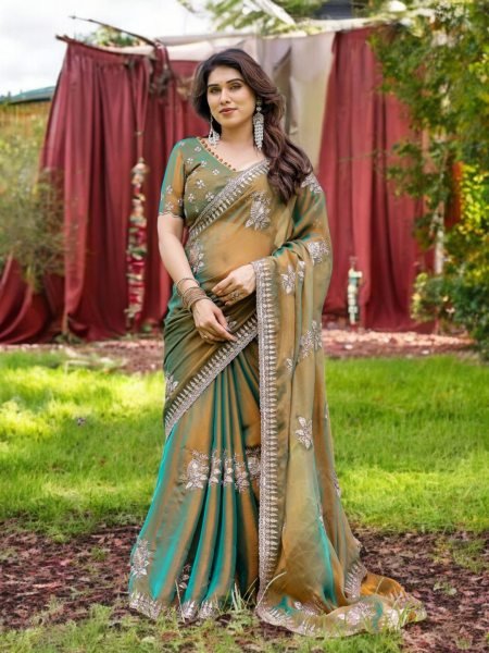 Two Tone Tussar Silk Saree in Gold   Rama Green with Thread Embroidered Leaf Motifs Designer Sarees