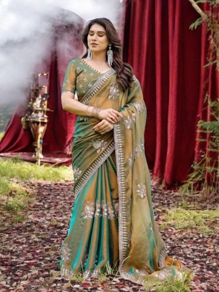 Two Tone Tussar Silk Saree in Gold   Rama Green with Thread Embroidered Leaf Motifs Designer Sarees