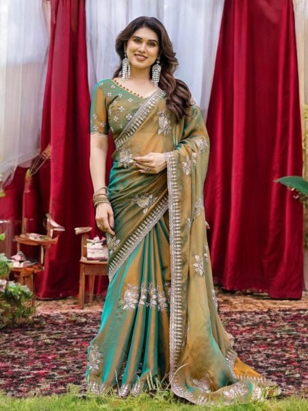 Two Tone Tussar Silk Saree in Gold   Rama Green with Thread Embroidered Leaf Motifs Designer Sarees