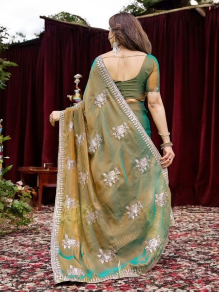 Two Tone Tussar Silk Saree in Gold   Rama Green with Thread Embroidered Leaf Motifs Designer Sarees