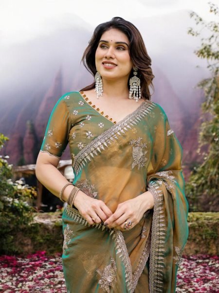 Two Tone Tussar Silk Saree in Gold   Rama Green with Thread Embroidered Leaf Motifs Designer Sarees