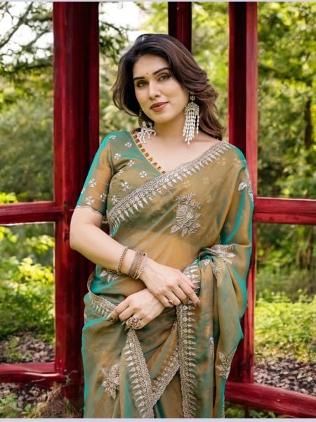 Two Tone Tussar Silk Saree in Gold   Rama Green with Thread Embroidered Leaf Motifs Designer Sarees