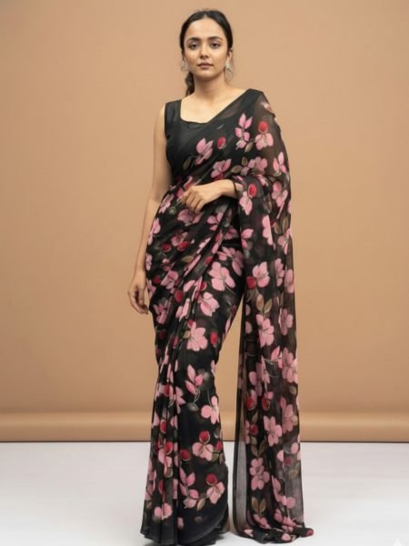 Vibrant Floral Print Georgette Ready to Wear Saree Daily Deals