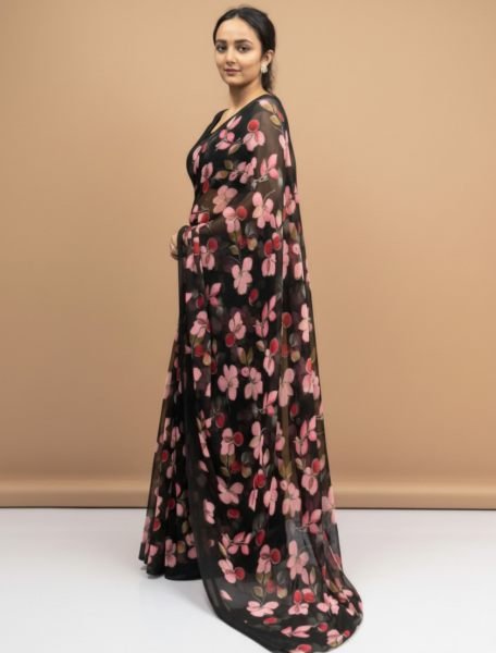 Vibrant Floral Print Georgette Ready to Wear Saree Ready To Wear Sarees