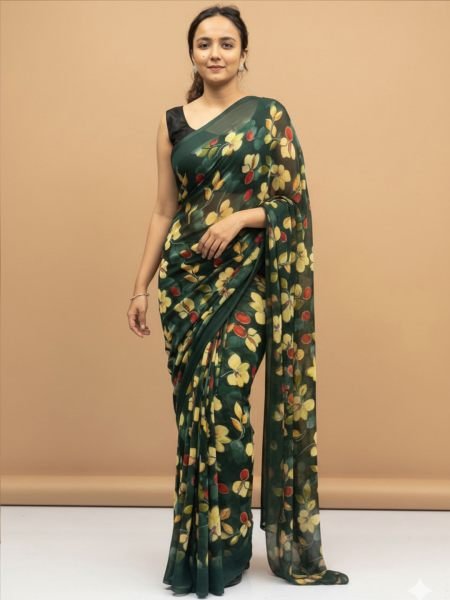 Vibrant Floral Print Georgette Ready to Wear Saree Ready To Wear Sarees