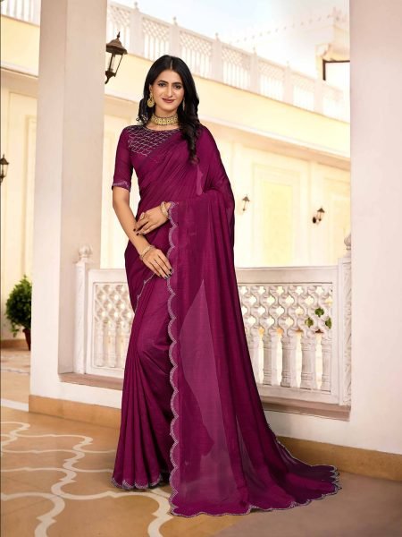 Vichitra Silk Diamond Swarkoshi Work Wine Saree Silk Sarees