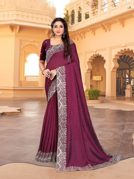 Vichitra Silk Embroidered Diamond Work Wine Saree Sale