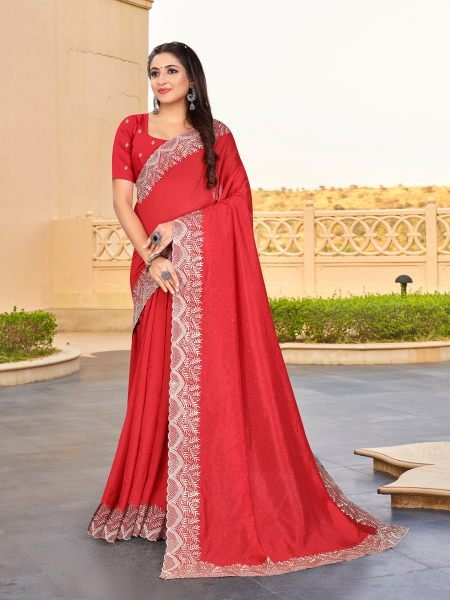 Vichitra Silk Embroidered Diamond Work Red Saree Sale