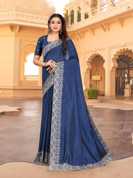 Vichitra Silk Embroidered Diamond Work Navy Blue Saree Sale