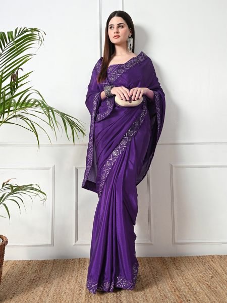 Violet Chic Party Wear A Modern Chinon Solid Saree with an Embroidered Lace Border Saree