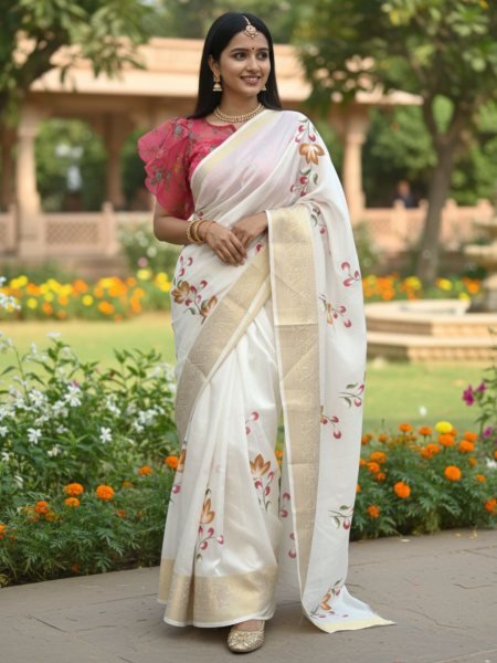 White Dola Silk Floral Hand Printed Saree with Golden Border Daily Deals